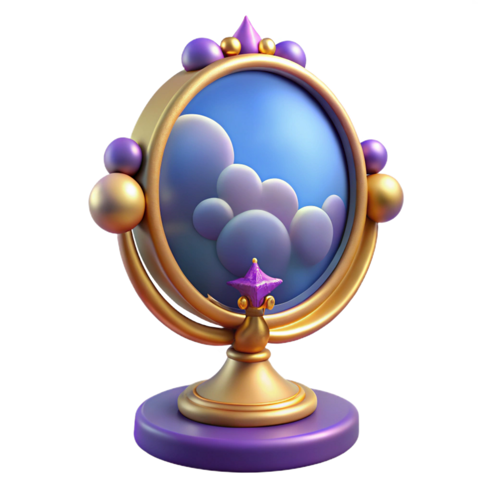 Enchanted 3D Render of a Golden Mirror Reflecting Dreamlike Clouds A Magical Fantasy Illustration png