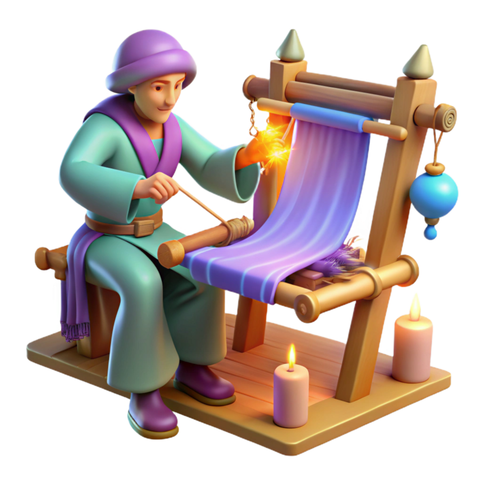 A 3D Illustration of a Weaver at Work on a Wooden Loom, Creating Purple Fabric with Sparkling Threads png