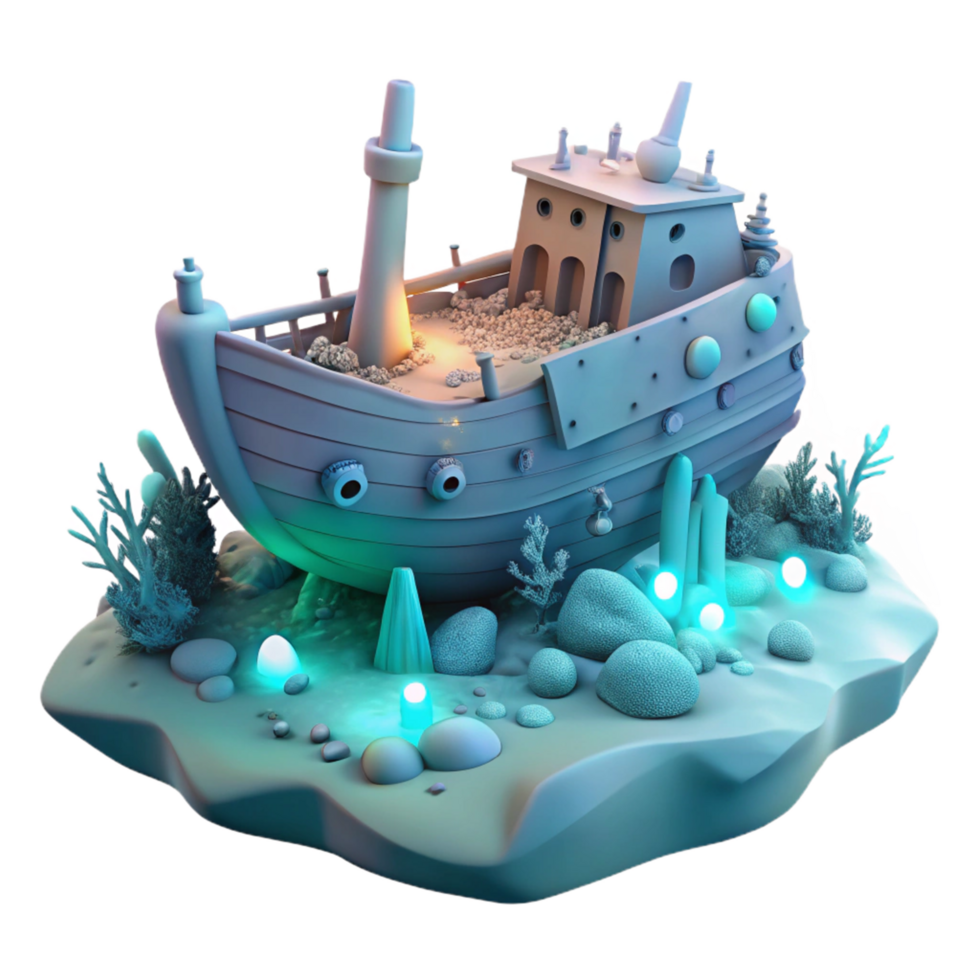 Enchanted Sunken Ship 3D Render Illustration A Whimsical Underwater Scene with a Cartoonish Vessel, Luminous Seabed, and Vibrant Coral png