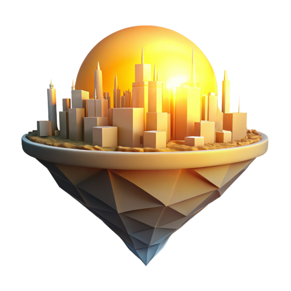 3D Illustration Golden Hour Cityscape on a Floating Island Abstract Background png