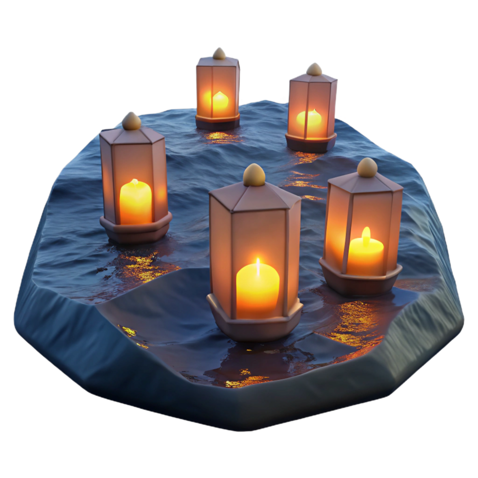 Enchanted Lanterns Floating on Water 3D Render Illustration Serene Night Scene with Glowing Candles png