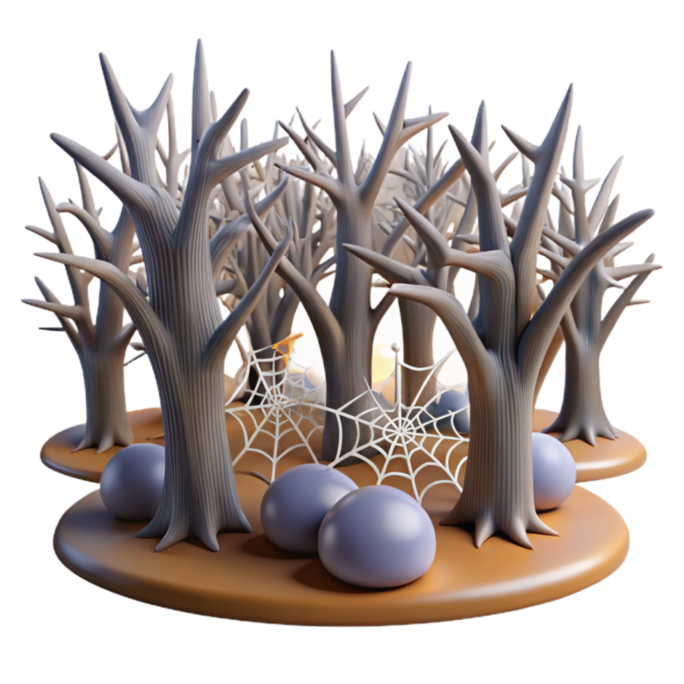 Spooky Halloween Scene Barren Trees, Cobwebs, and Mysterious Stones png
