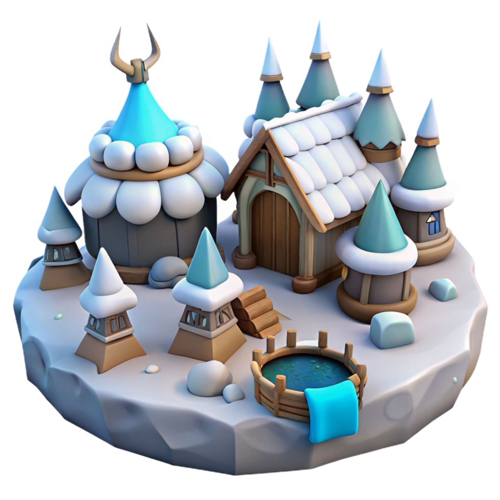 Winter Village 3D Render Snowy Fantasy Scene Illustration Featuring Cozy Cottages, Towers, and a Hot Spring png