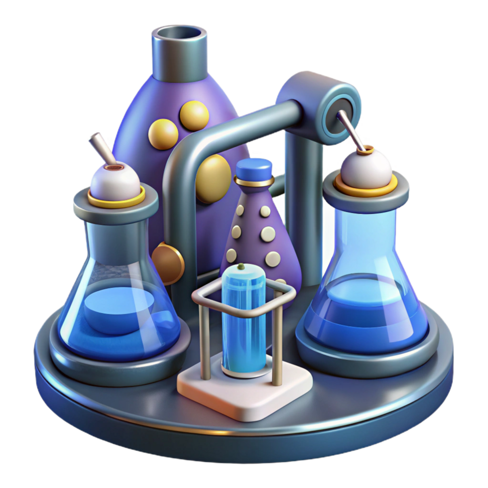 3D Illustration of a Futuristic Science Lab Setup with Glass Flasks and Tubes png