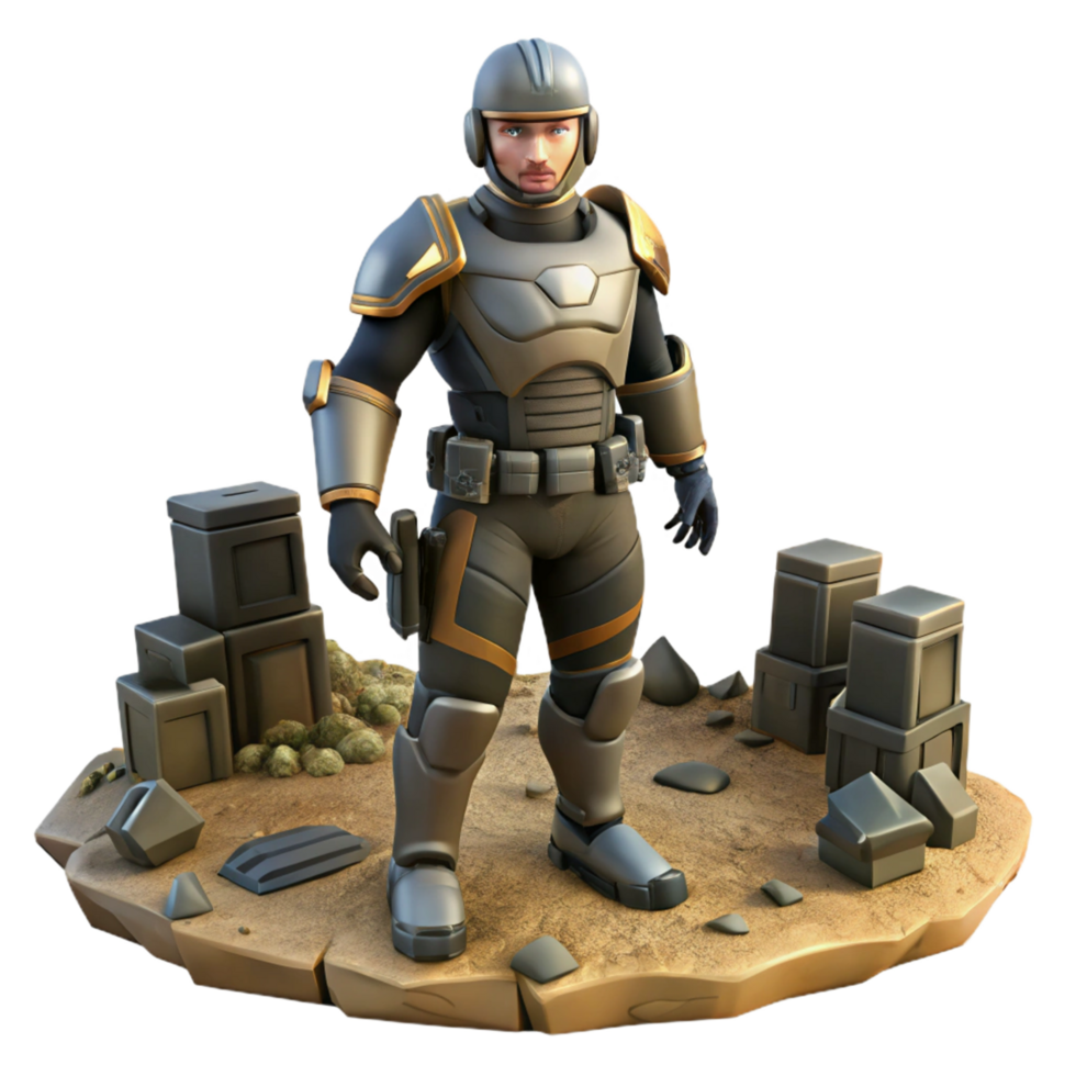 3D Render Futuristic Soldier in Wasteland png