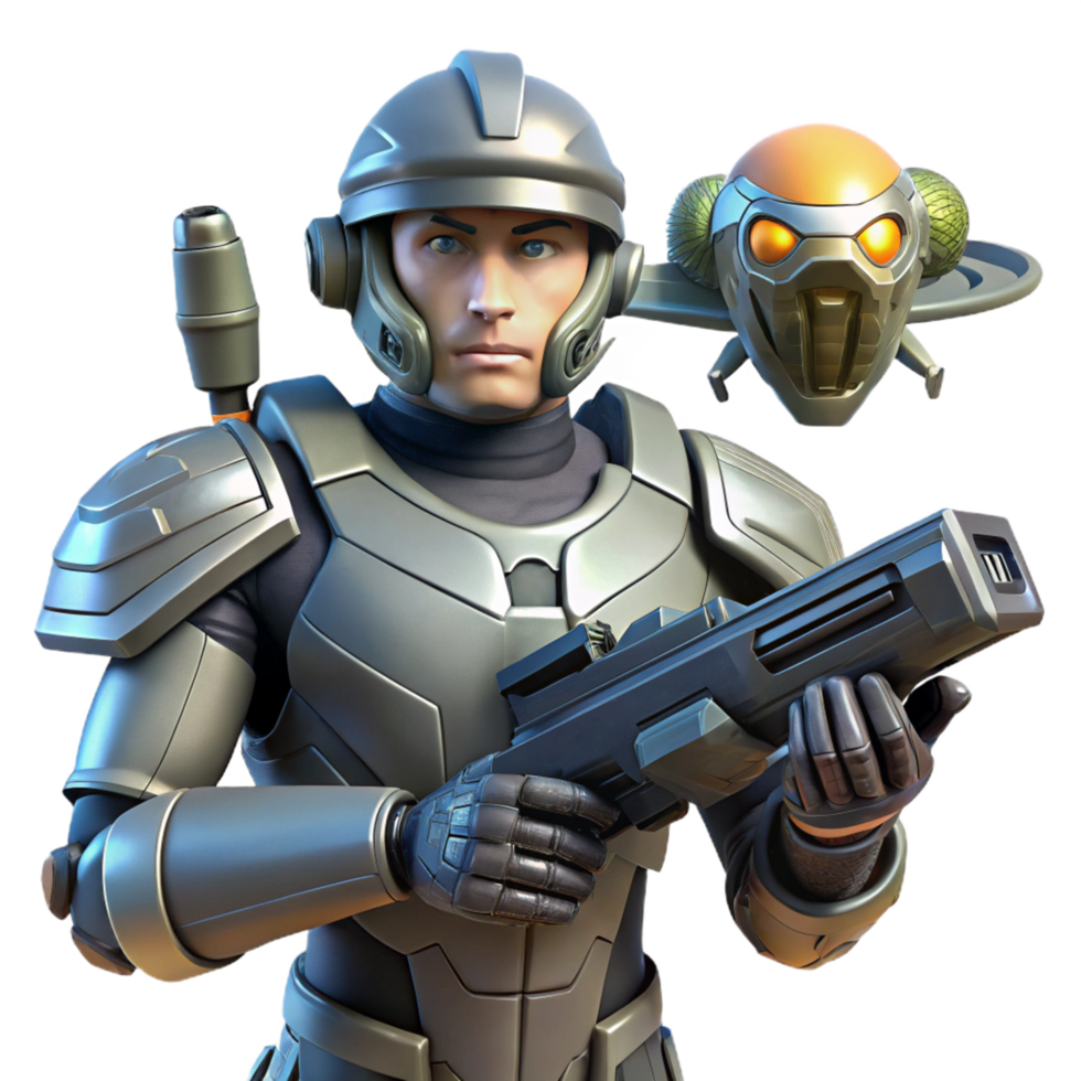Futuristic Soldier 3D Render with Flying Drone Illustration Sci Fi Combat Ready Character Artwork png