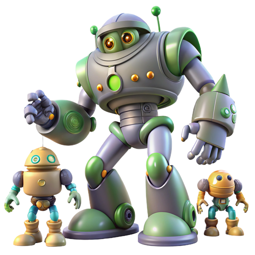 3D Robot Illustration Green and Gray Robots png