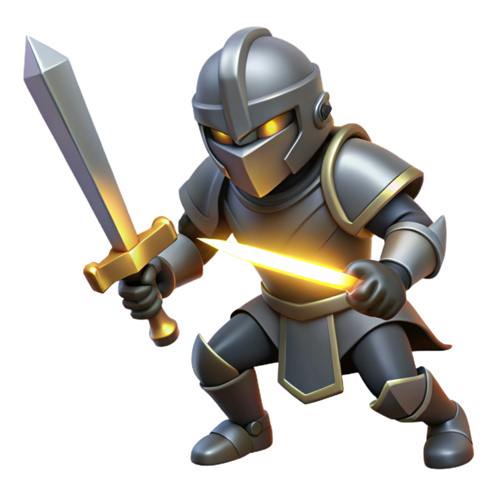 A Mighty 3D Illustration of a Cartoon Knight in Full Armor, Wielding a Glowing Sword png