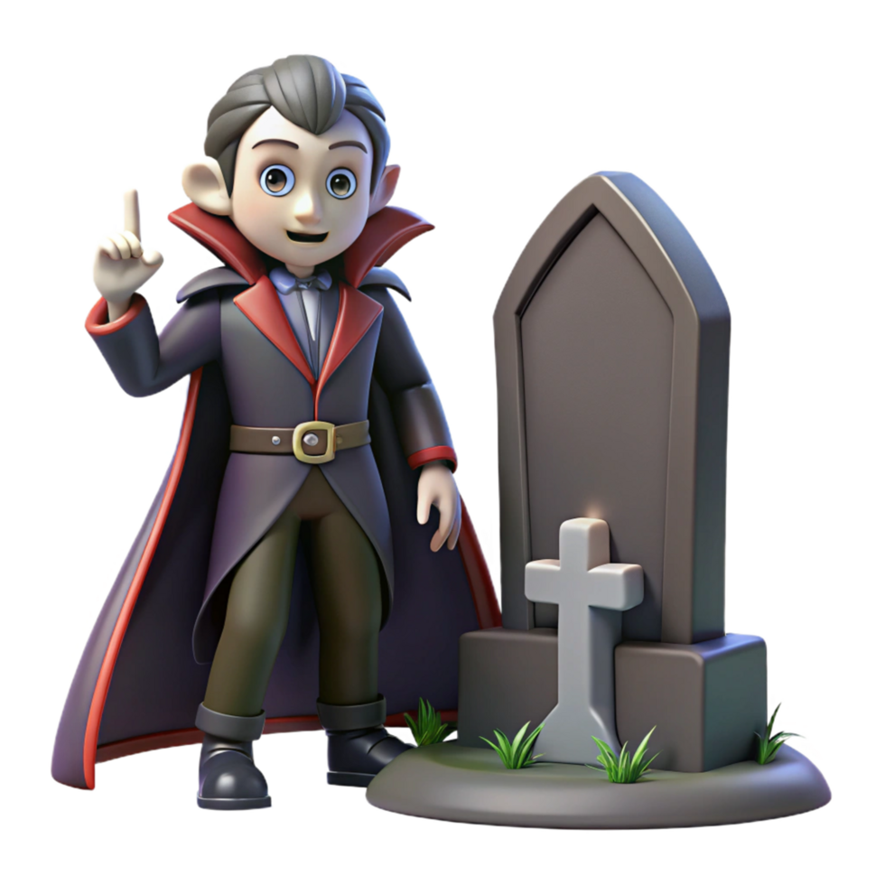 3D Render of a Cute Cartoon Vampire Child near a Tombstone Illustration png