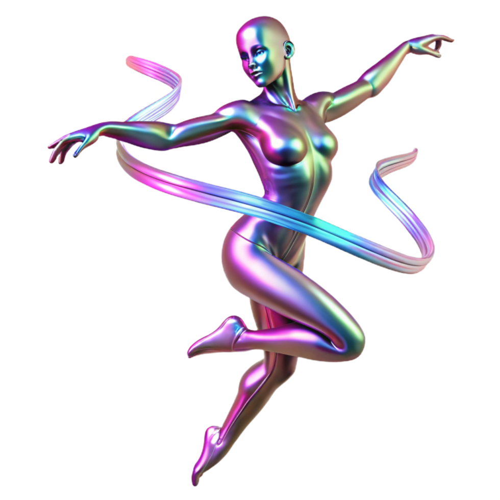Dynamic 3D Render of Iridescent Female Figure in Motion with Colorful Trails, Abstract Art png