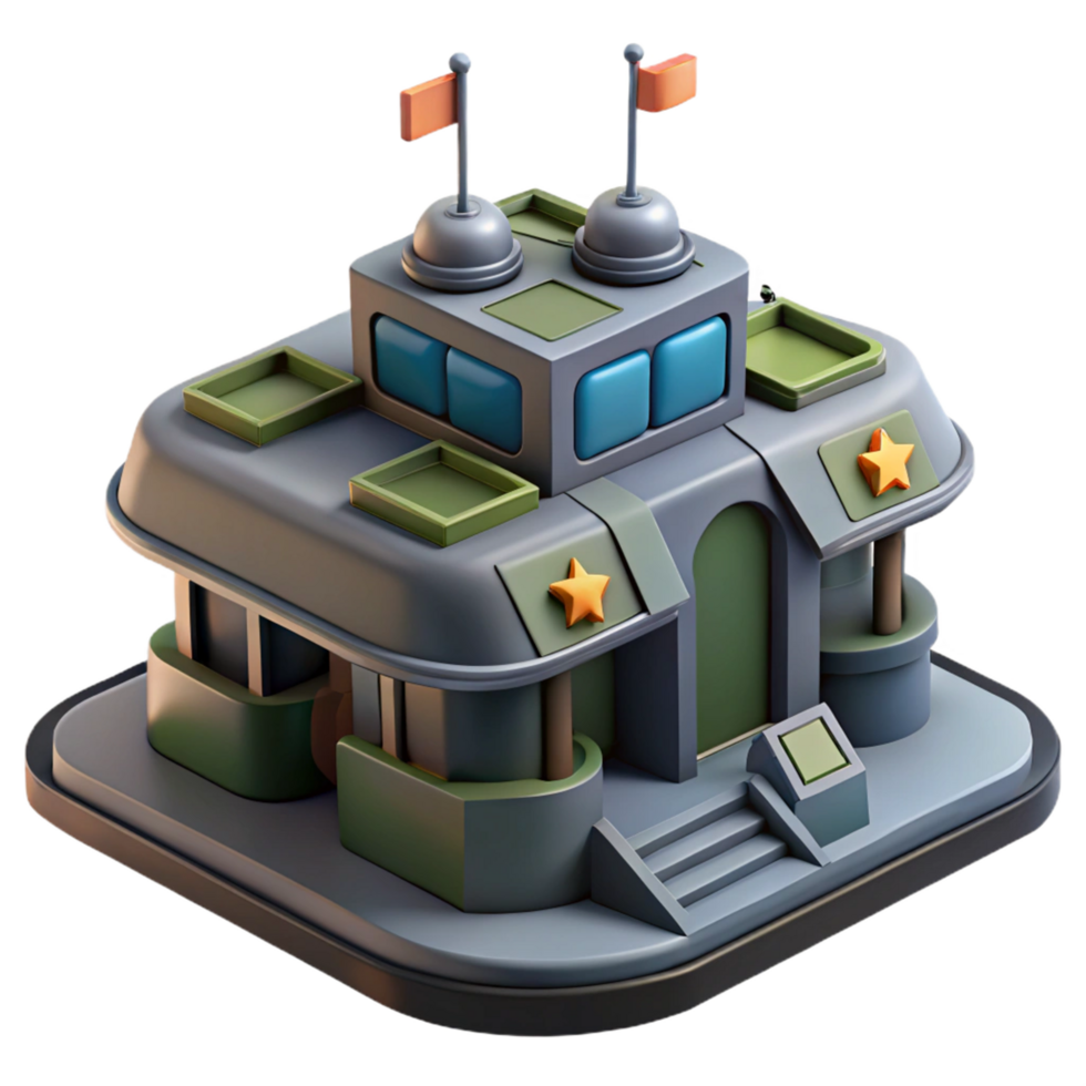serene artistic Stylized 3D Render of a Cartoon like Military Building, Isometric View, Game Asset, Low poly Design, Flags, Stars, Gray and Green Building, Digital Illustration high quality png