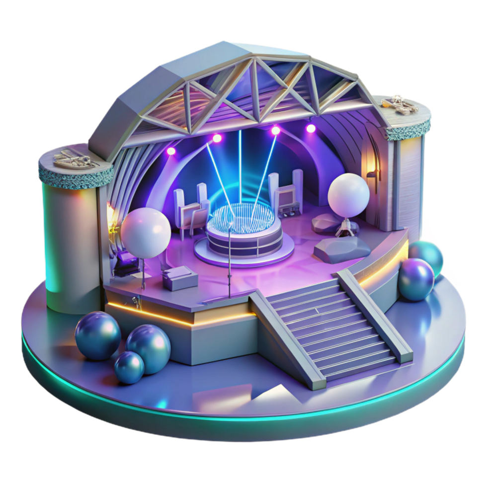 serene traditional Futuristic Concert Stage 3D Render Illustration Neon Lights, Geometric Design, Abstract Background authentic png