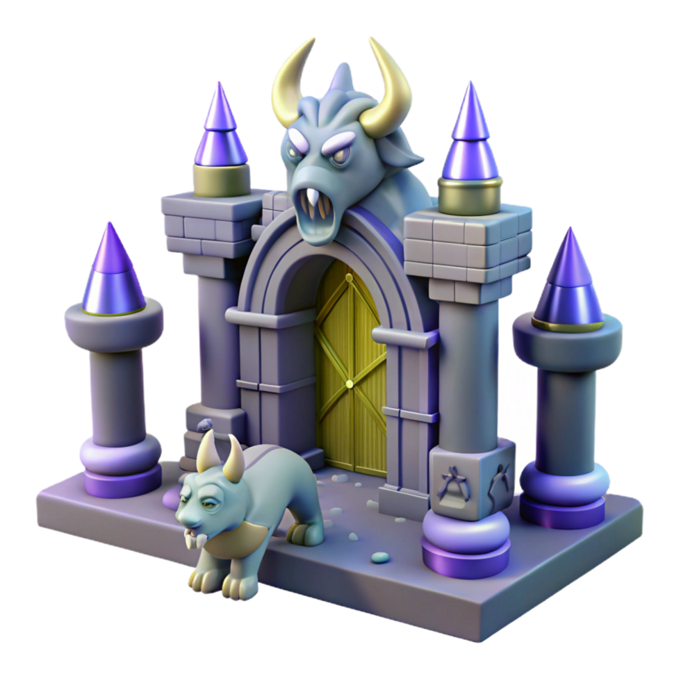 Fantasy 3D Render of a Mysterious Gate with Minotaur Guardian and a Small Beast, Stylized Purple and Gold Castle Entrance Illustration png