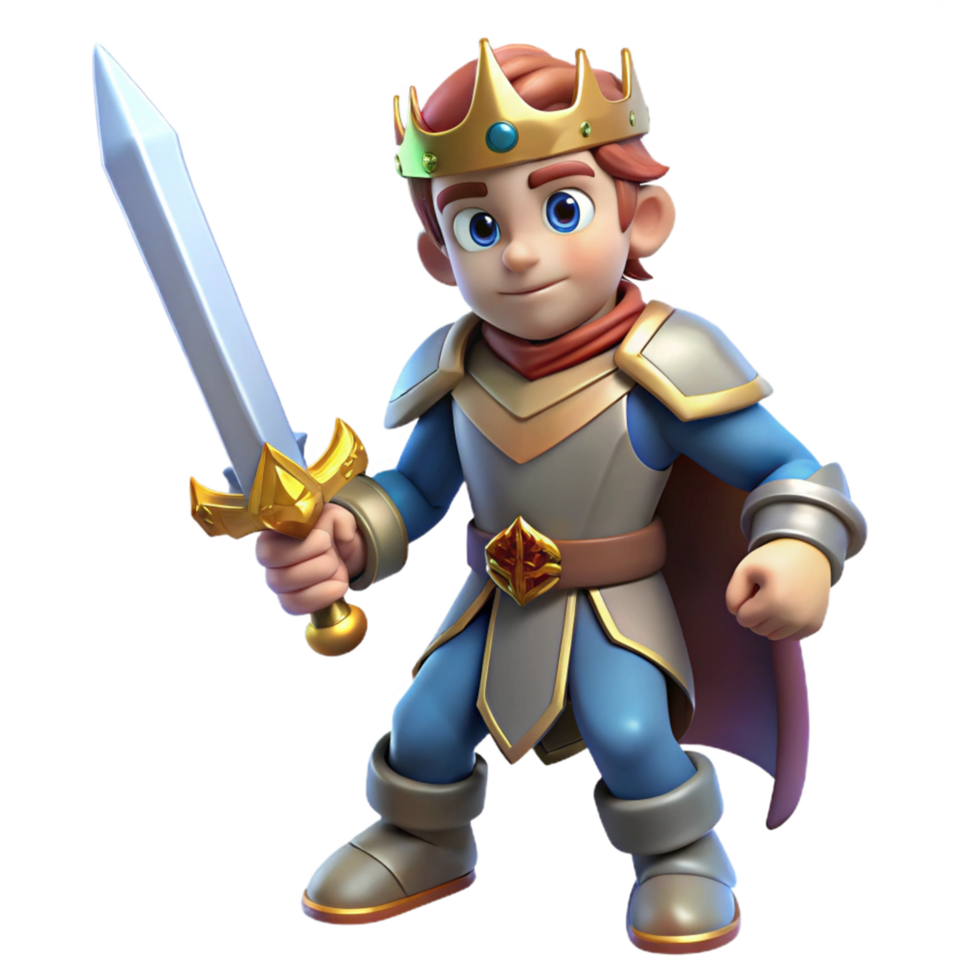 Young King 3D Render Illustration Brave Boy Cartoon Character in Royal Attire with Sword png