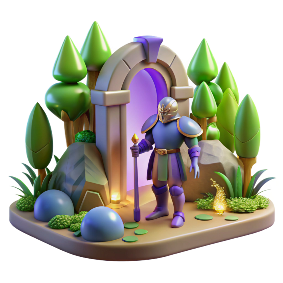 3D Illustration Fantasy Knight at Magical Portal in Enchanted Forest, Stylized Game Asset, Cartoonish Knight, Purple Portal, Magical Staff, Fantasy Landscape, Game Art, 3D Render, Digital Art png
