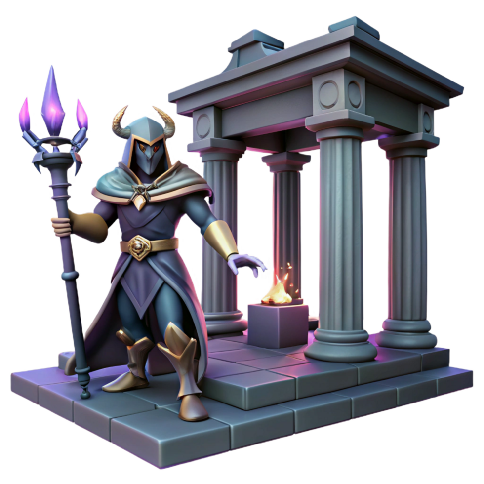 Stylized 3D Render of a Dark Sorcerer with Staff before Ancient Ruins Illustration png