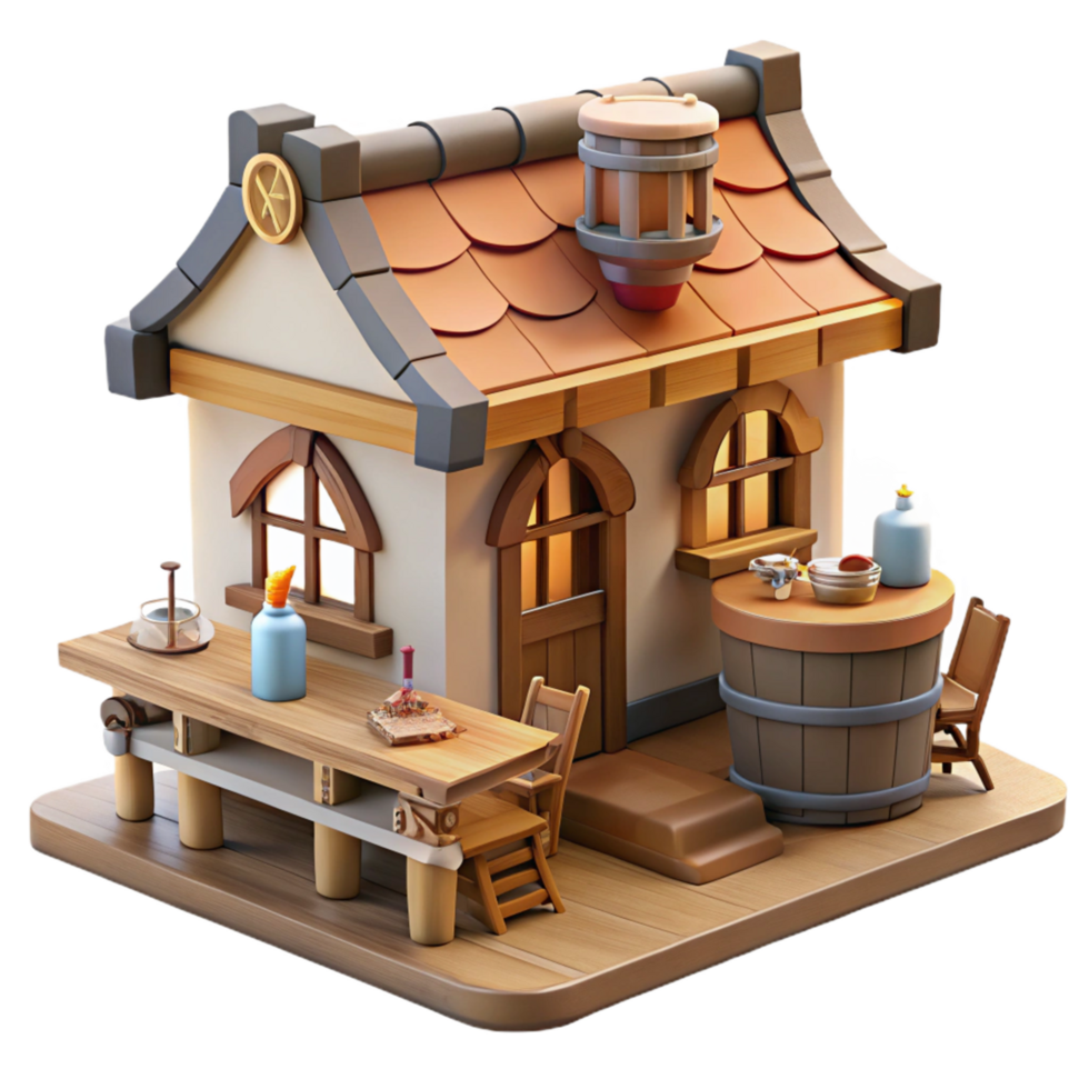 stunning classic Enchanted Cottage 3D Render of a Fantasy Home with Wooden Table, Barrels, and Potions authentic png