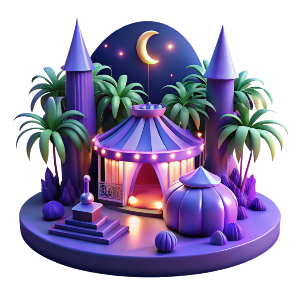 elegant minimalist Enchanted Night 3D Illustration A Magical Oasis Underneath a Crescent Moon with Illuminated Tent, Palm Trees, and Mystical Towers exclusive png