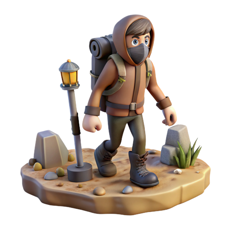 3D Render of a Cartoon Hiker with Backpack Walking on a Desert Path near a Lamppost png