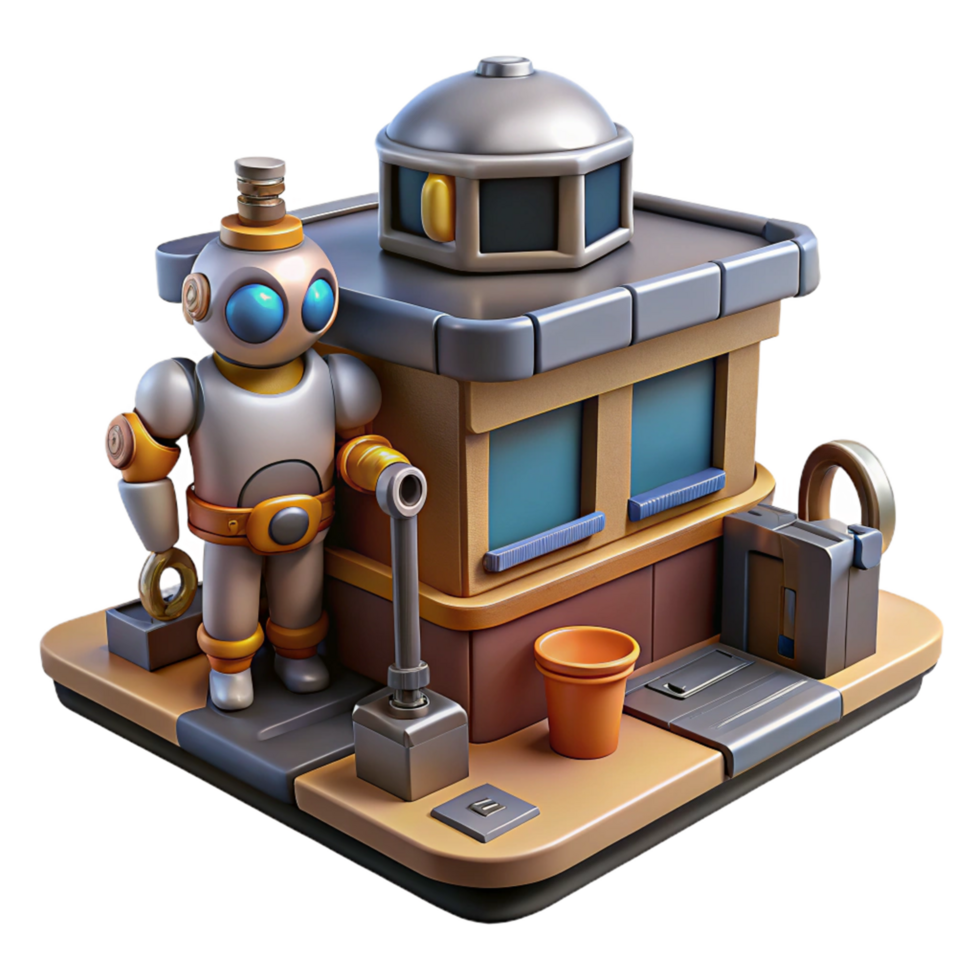 3D Render Robot and Building Illustration png