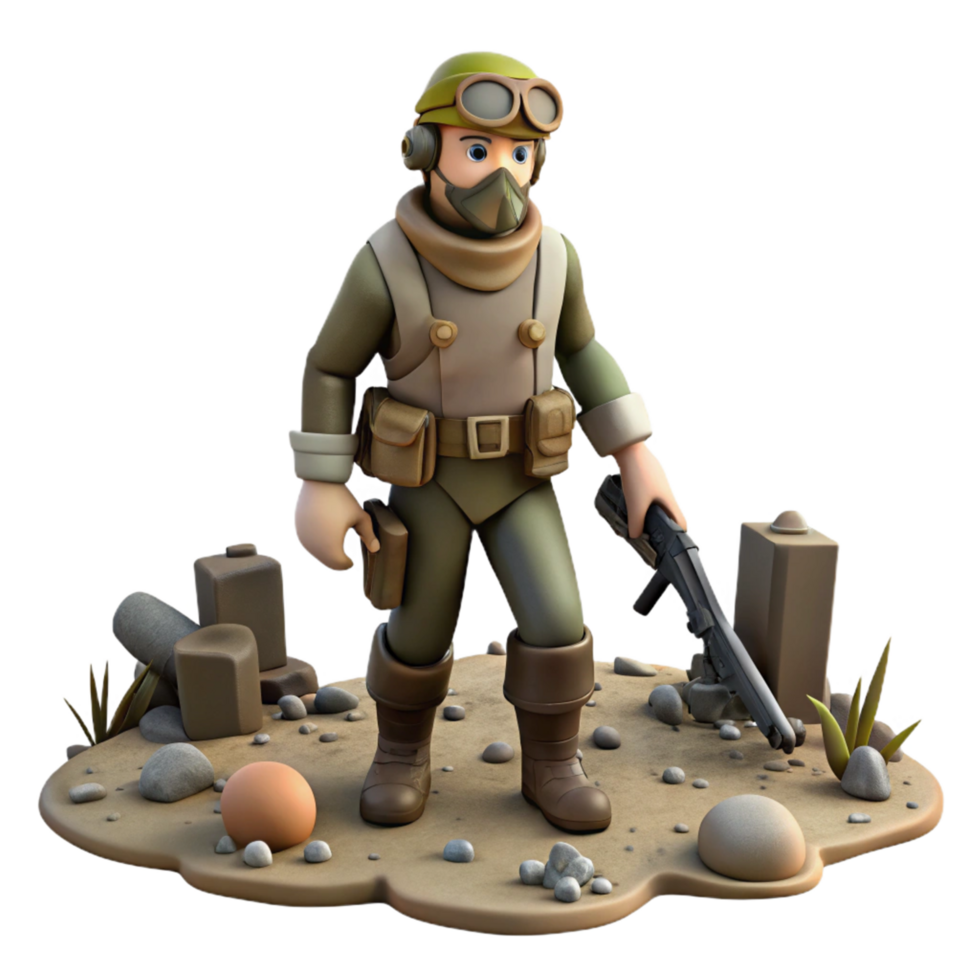 3D Render Cartoon Soldier in Wasteland png