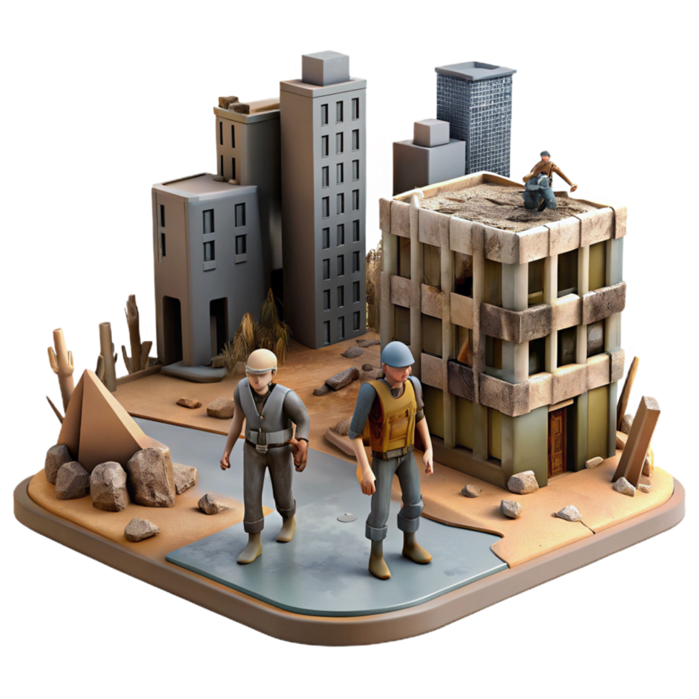 beautiful classic Post Apocalyptic Cityscape 3D Render Illustration Desolate Urban Environment with Figures, Damaged Buildings, and Desert Elements authentic png