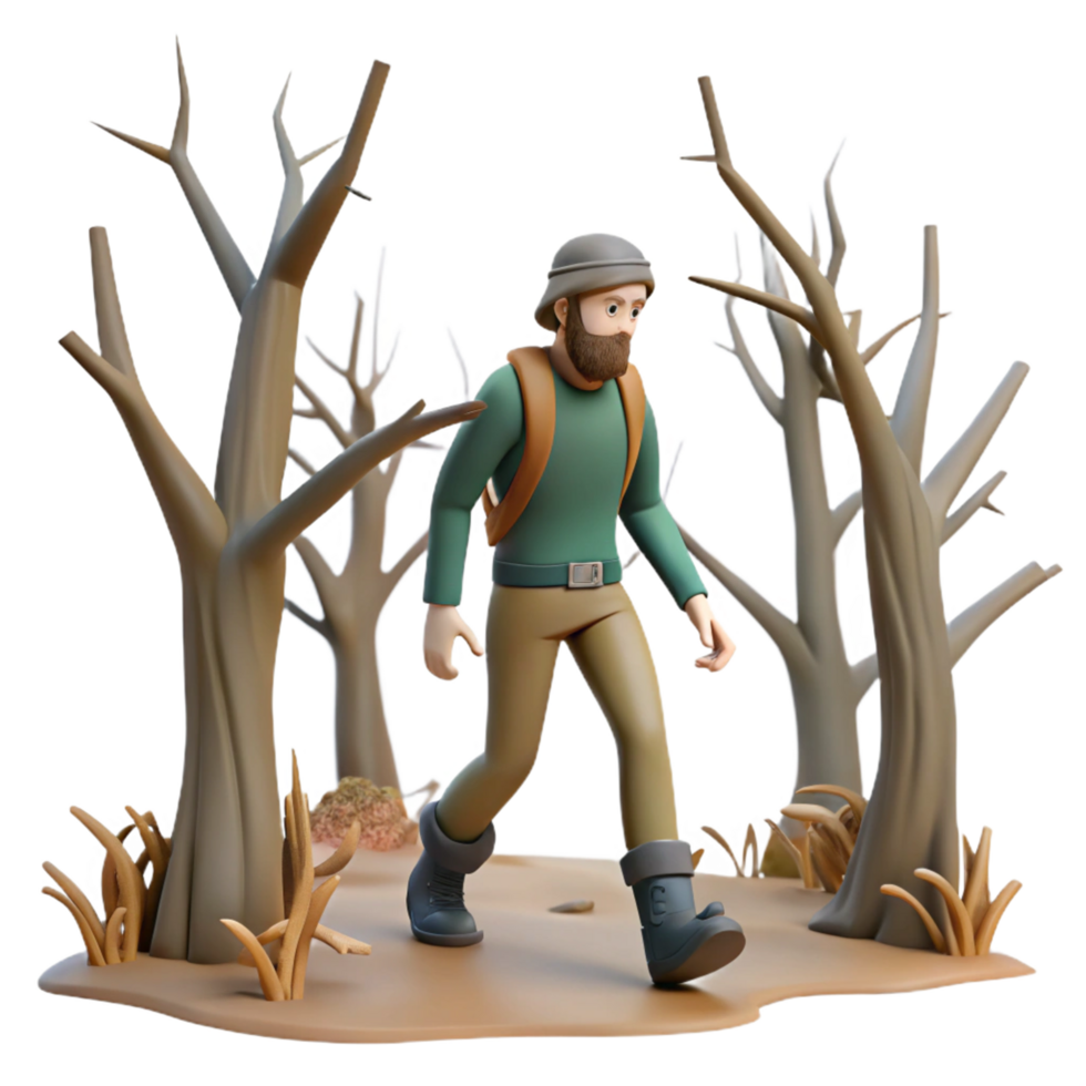 3D Illustration Hiking Man in Dead Forest png