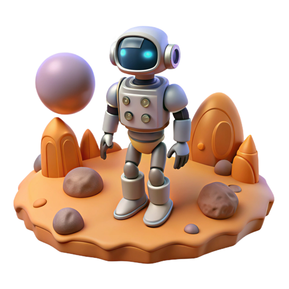 Adorable 3D Render of a Friendly Robot Exploring a Cartoon Planet png