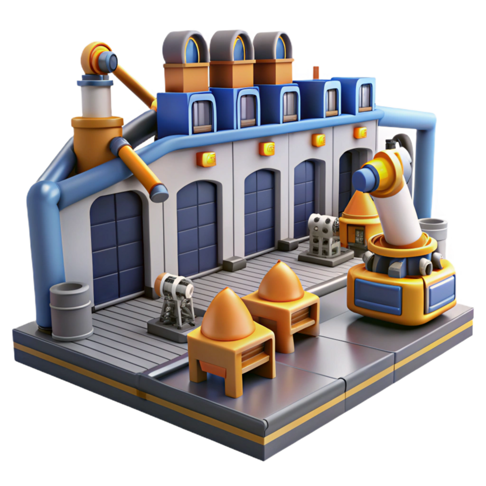 vibrant classic Cartoon Factory 3D Render detailed png