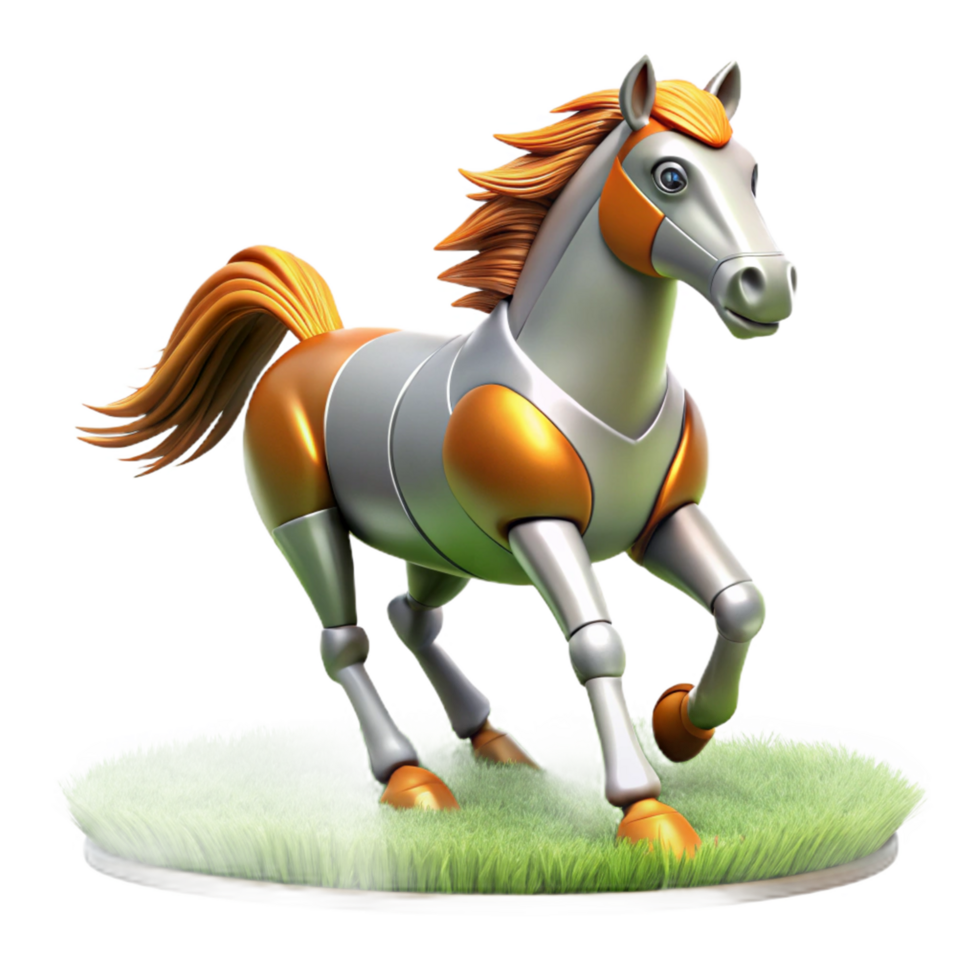 Robotic Horse Galloping on Grass 3D Render of Mechanical Equine png