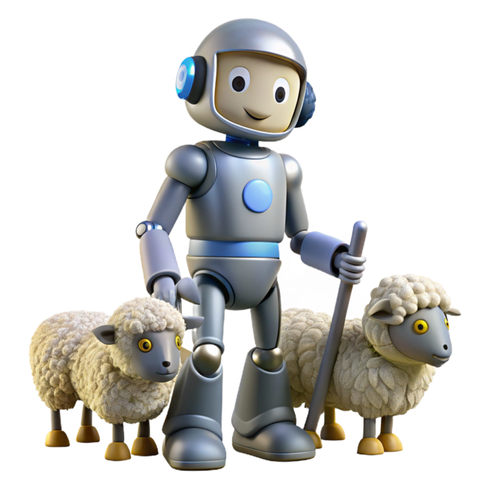 3D Illustration Robot Shepherd with Sheep Friendly Cartoon Character Farm Scene png
