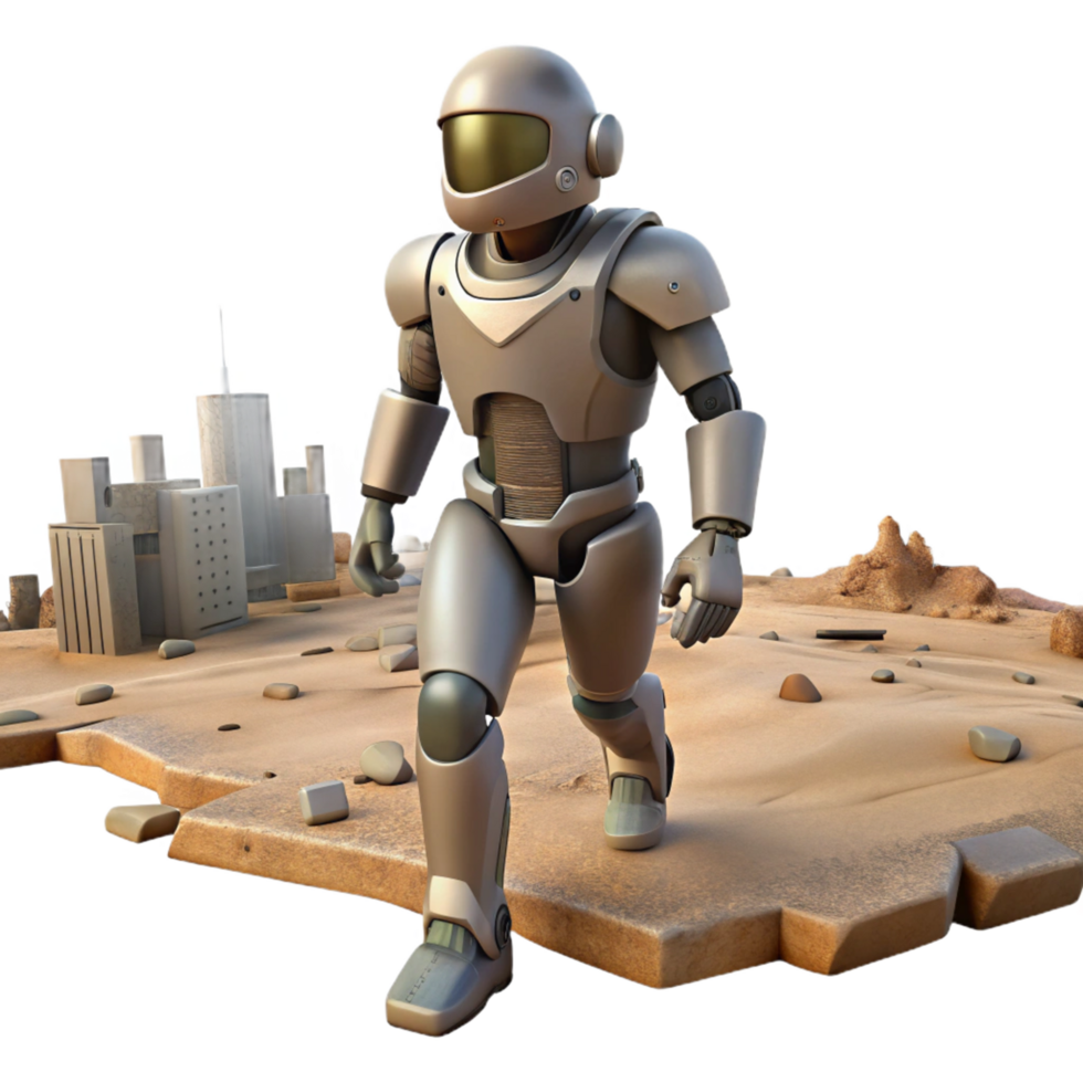 3D Robot Illustration Exploring Desolate Cityscape png