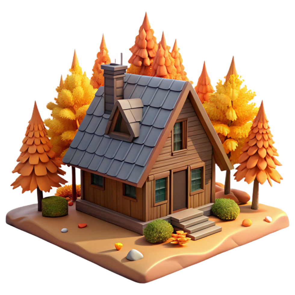 vibrant abstract Autumn Cabin 3D Render 4K png