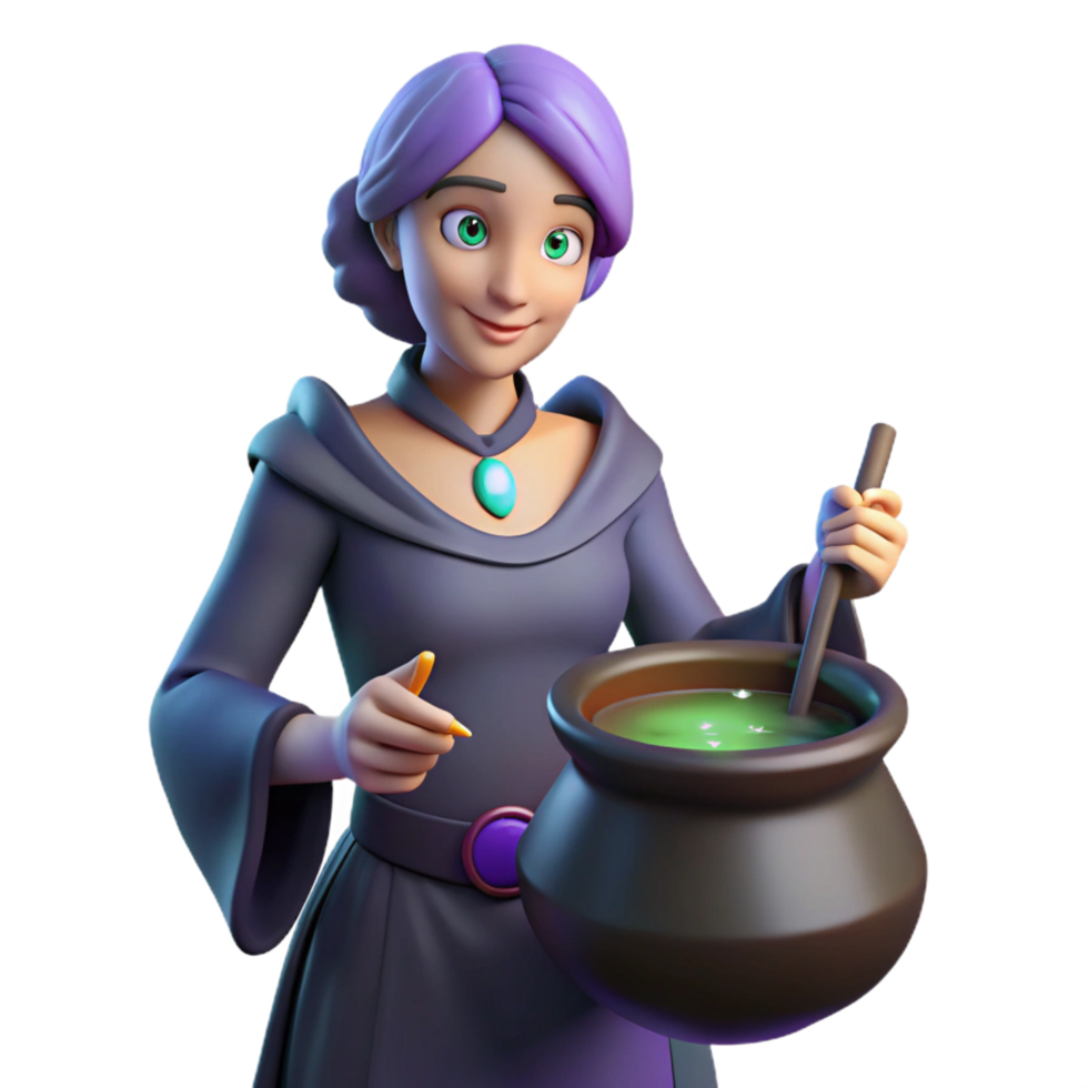 3D Render of a Witch Stirring a Cauldron png