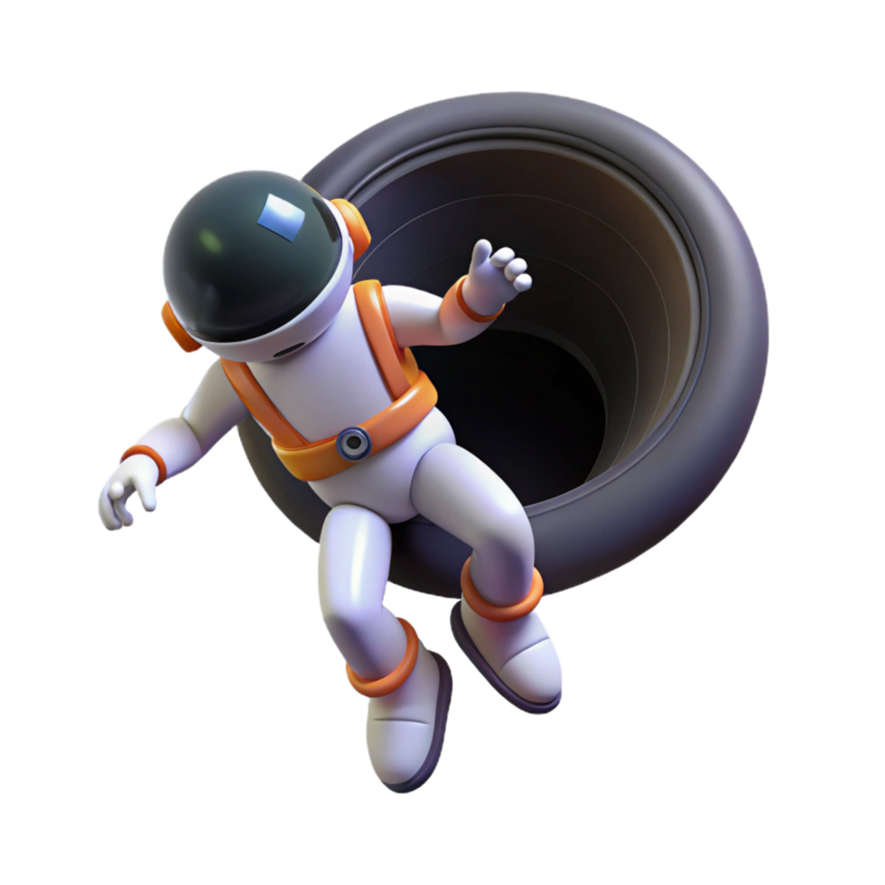 3D Illustration of a Cartoon Astronaut Floating in Space Near a Dark Circular Object png