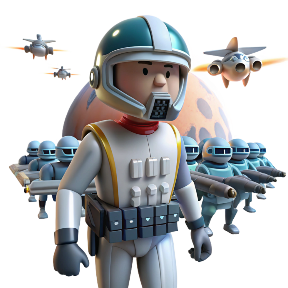 3D Illustration Futuristic Space Commander with Robot Army and Aircraft png