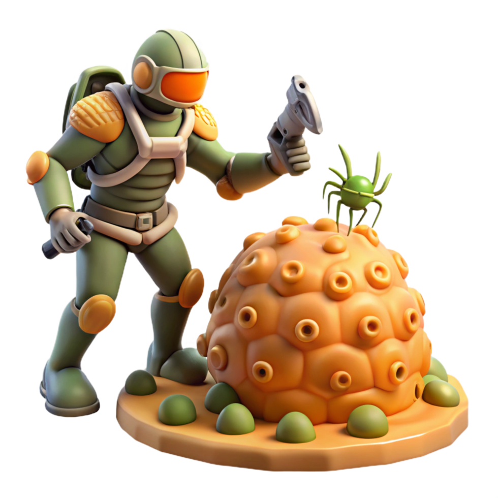 3D Illustration Astronaut Exploring Alien Planet with Strange Creature and Orb Fantastic Space Adventure Scene png