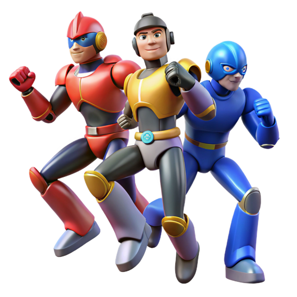 beautiful abstract Three Robot Heroes Action Poses, Futuristic Design, Teamwork, Adventure, Sci Fi, Animated, 3D Render, Colorful, Bold authentic png