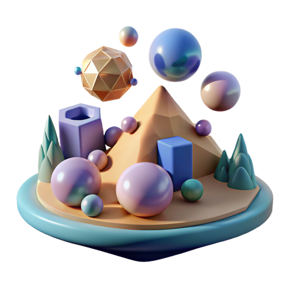 3D Render of Abstract Geometric Island Scene with Spheres, Polygons, and Cones png