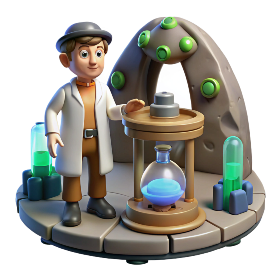 3D Render of a Cartoon Scientist in a Lab with Mysterious Potions and an Ancient Device png