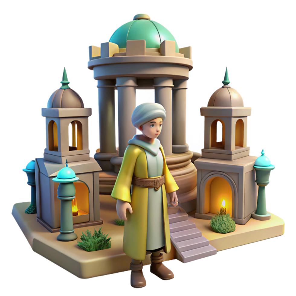 beautiful traditional 3D Render of a Cartoon Character in Ancient Architecture Setting, Stylized Temple Illustration with Person in Yellow Robe, Fantasy Game Asset, Digital Artwork professional png