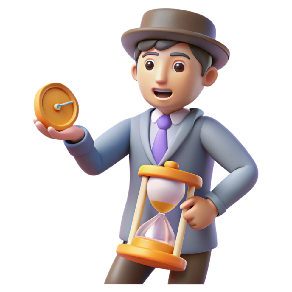 vibrant artistic 3D Illustration of a Man in a Suit Holding an Hourglass and a Clock, Time Management Concept detailed png