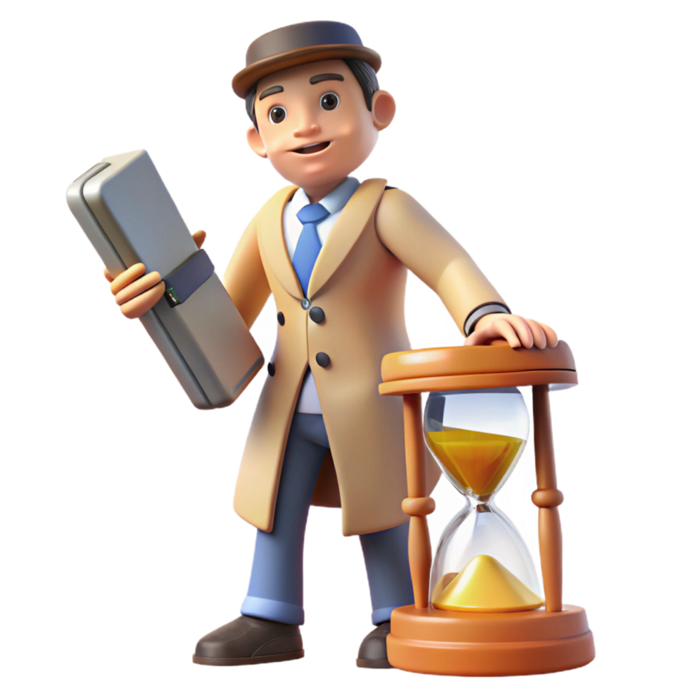 3D Illustration Time Management Detective with Hourglass and Case File png