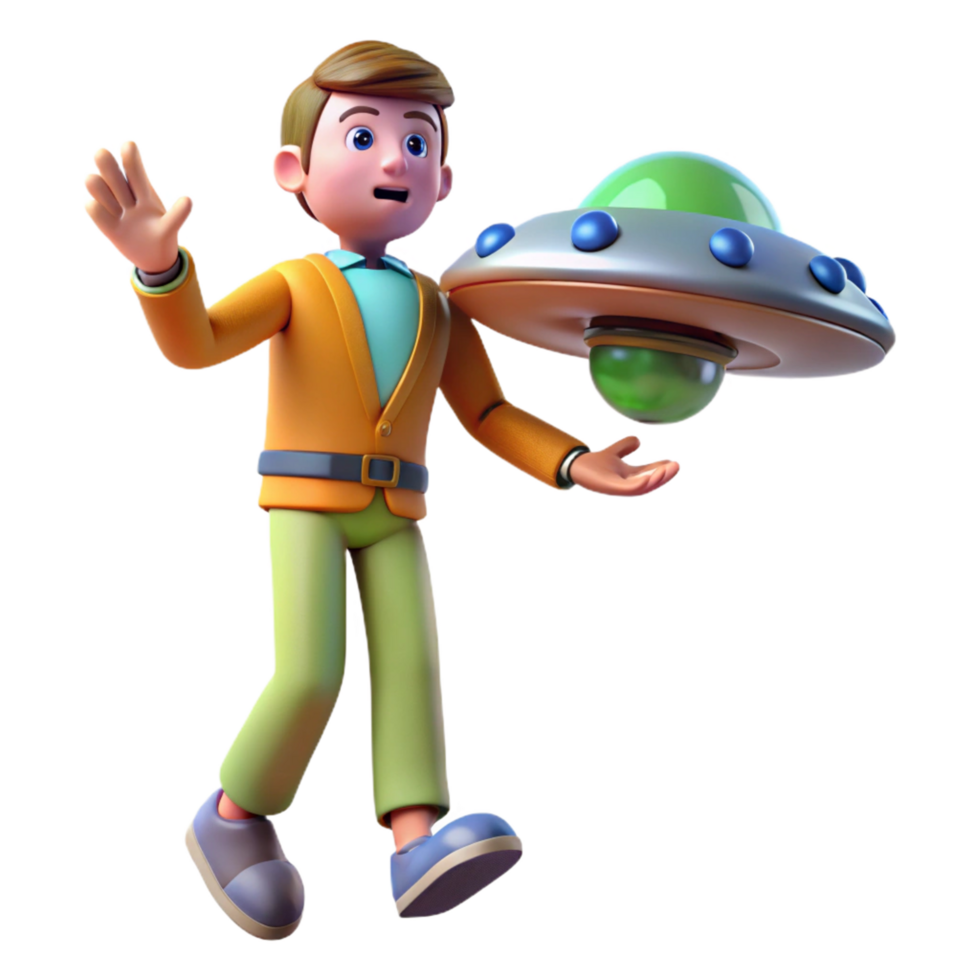 3D Cartoon Illustration of a Boy and a Flying Saucer UFO Encounter png