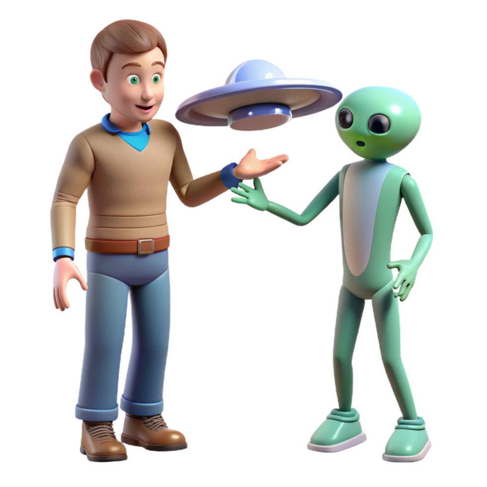 3D Cartoon Boy and Alien with Spaceship png