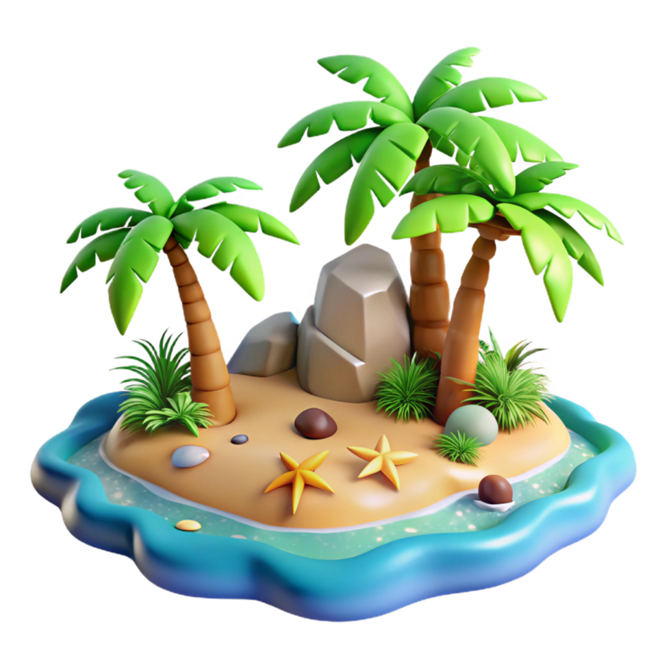 Tropical Island Paradise 3D Render Illustration Palm Trees, Sandy Beach, Starfish, Rocks, Lush Greenery, Ocean Waves, Summer Vacation, Idyllic Escape, Cartoon Style png