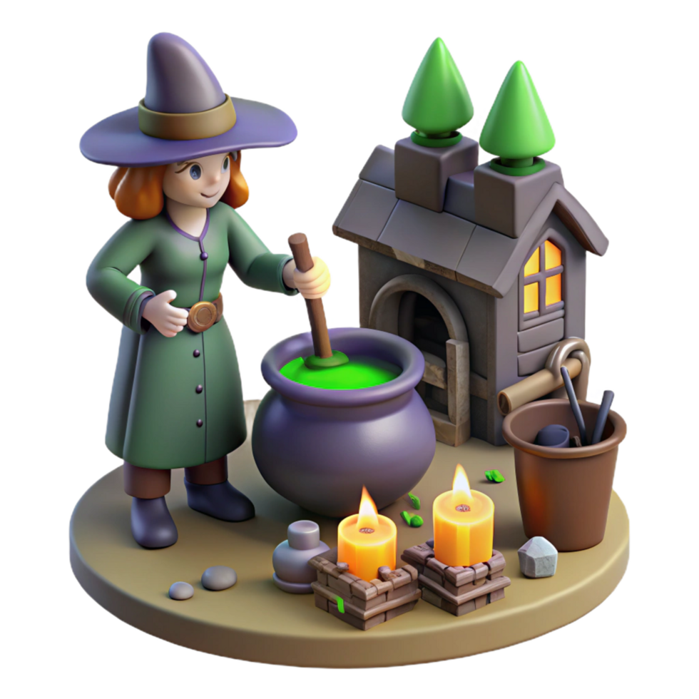elegant rustic 3D Render Cartoon Witch Brewing Potion original png