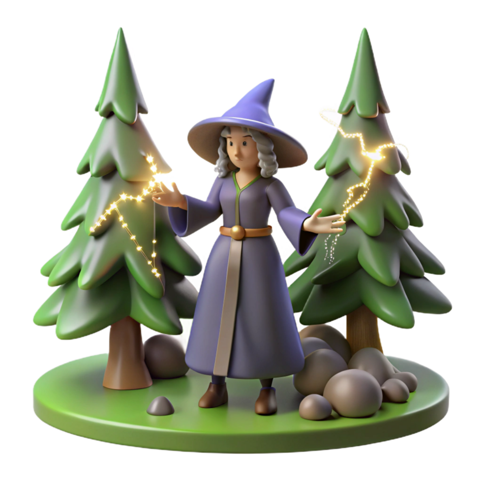 3D Render of a Witch Decorating Trees png