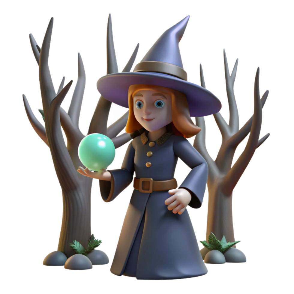 3D Render of a Young Witch Holding a Glowing Orb in a Dark Forest Illustration png