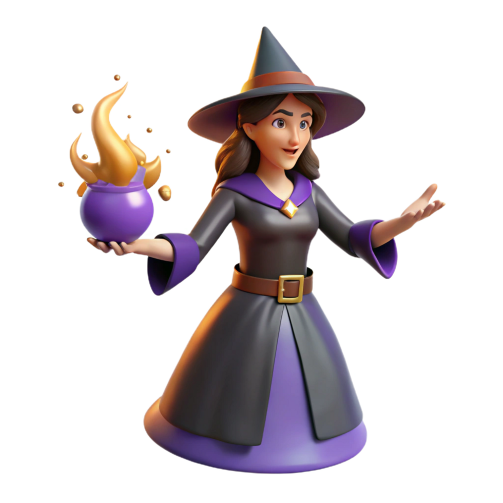 3D Render of a Cute Witch with Cauldron png